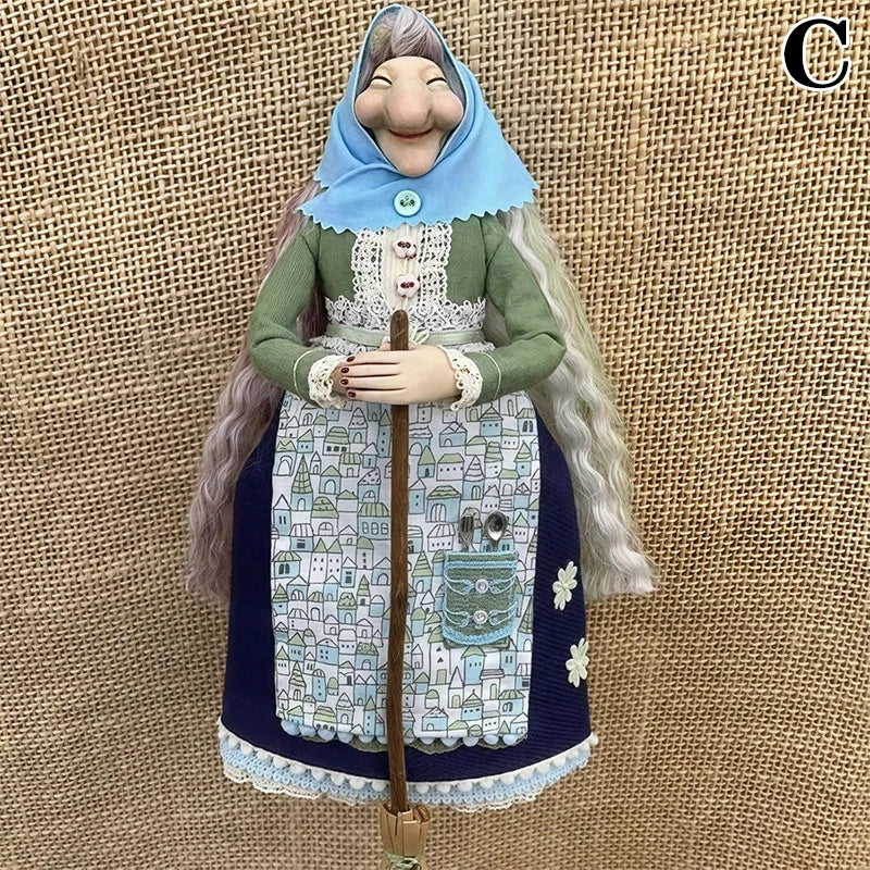 figurine artisanale sorcière cuisine résine broderie dentelle imprimé floral sac fourchettes cuillère bouquet fleurs