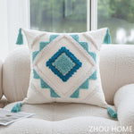 coussins bohèmes 3d franges taies d'oreiller décoratives géométriques brodés moderne blanc bleu clair polyester