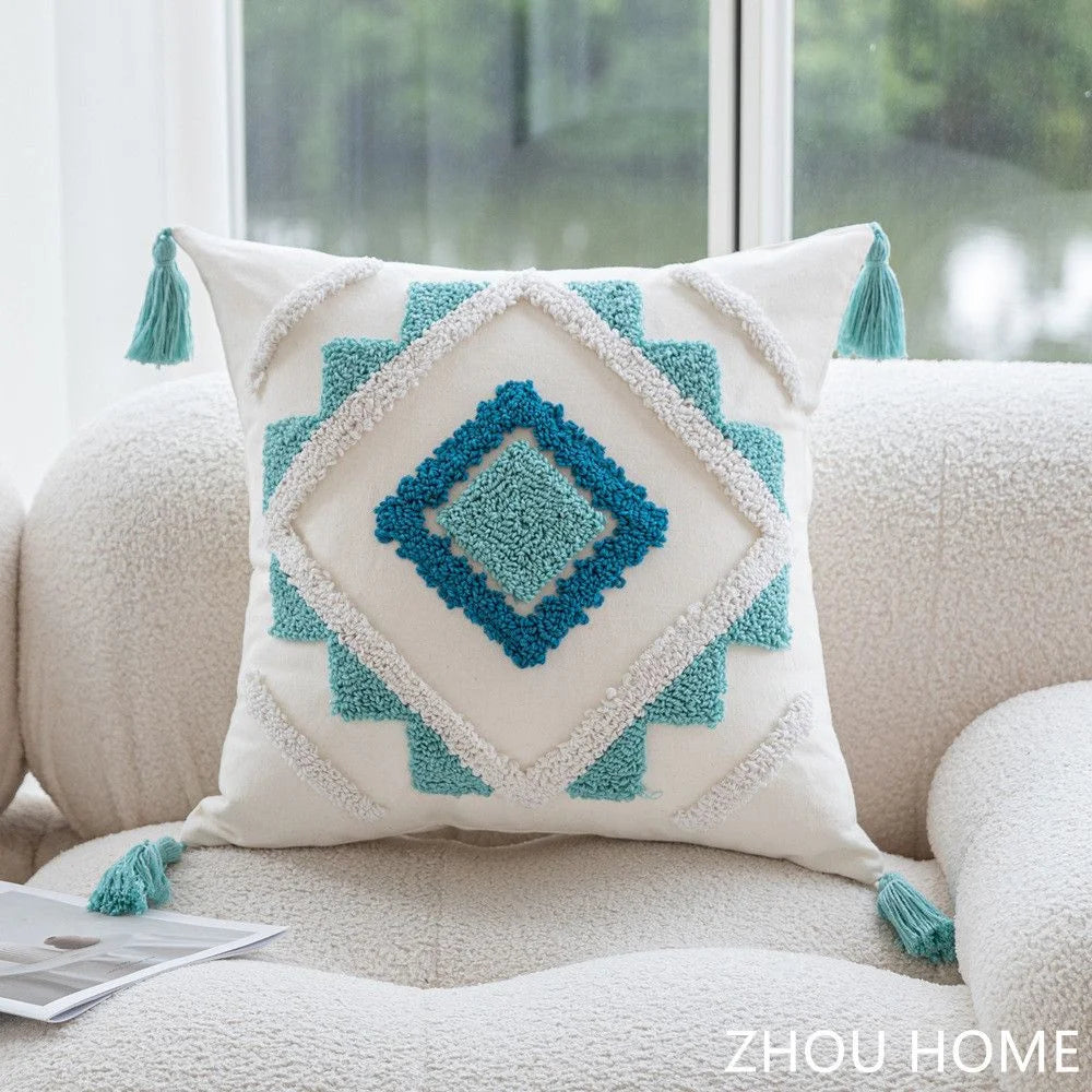coussins bohèmes 3d franges taies d'oreiller décoratives géométriques brodés moderne blanc bleu clair polyester