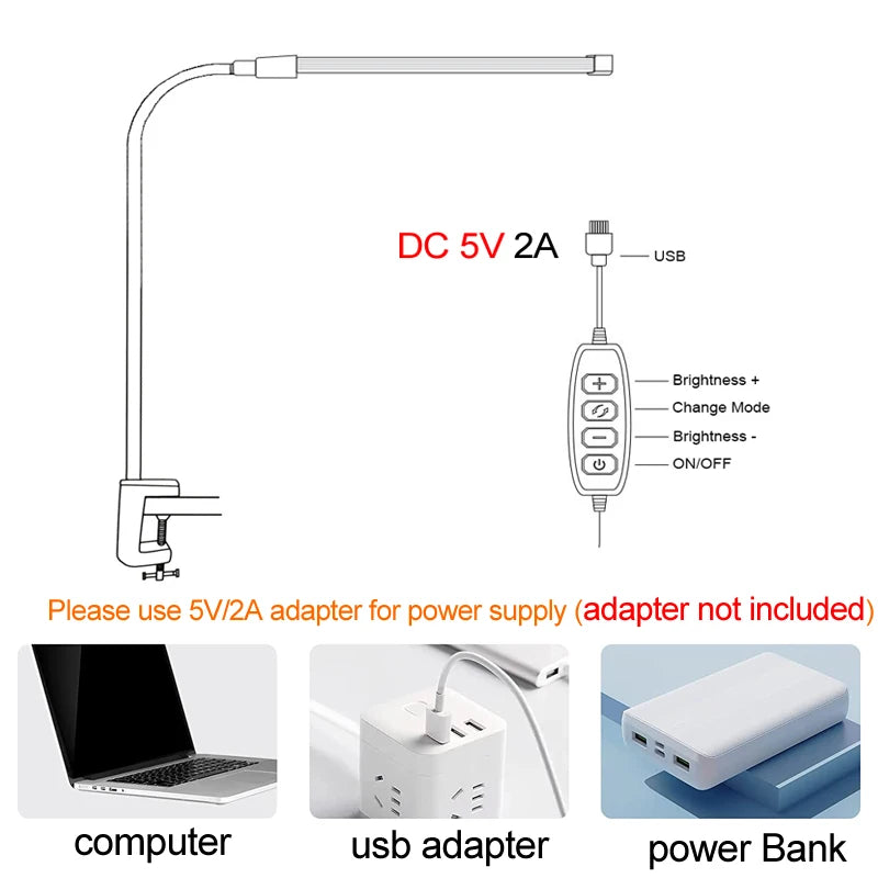 lampe led moderne clip usb noir 10 niveaux luminosité interrupteur modes abat jour aluminium