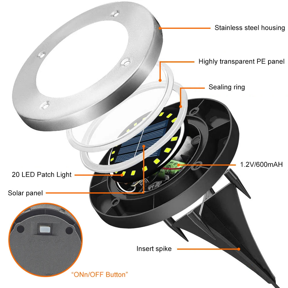 lampe solaire extérieure 20 led argentée insertion sol moderne