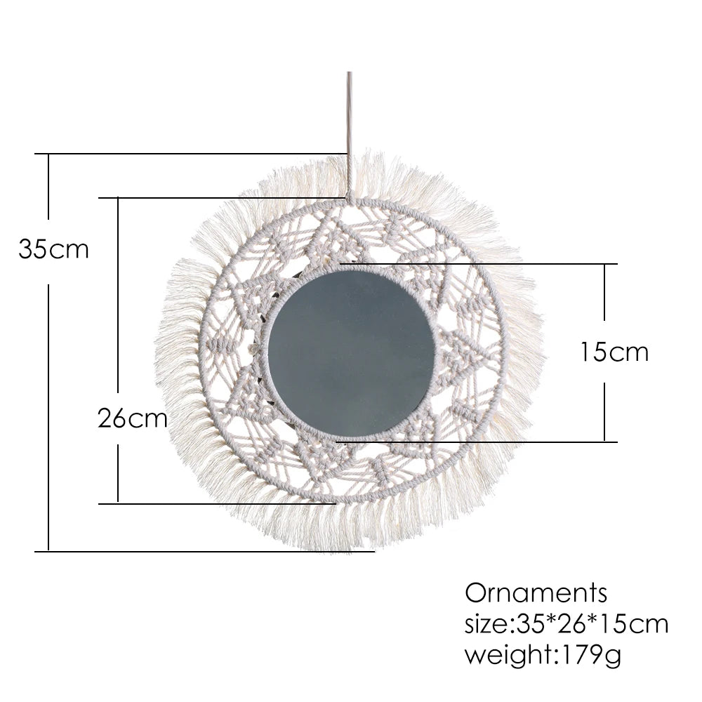miroir mural macramé boho blanc franges décoration intérieure chambre salon artisanal