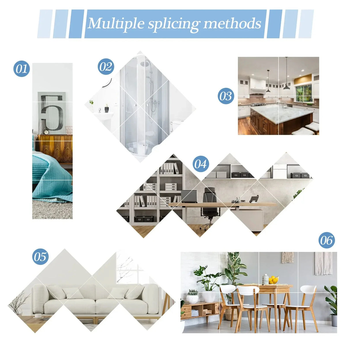 miroirs géométriques blancs modernes adhésifs 5cm 10cm 15cm 20cm 6pièces decoration mur maison chambre