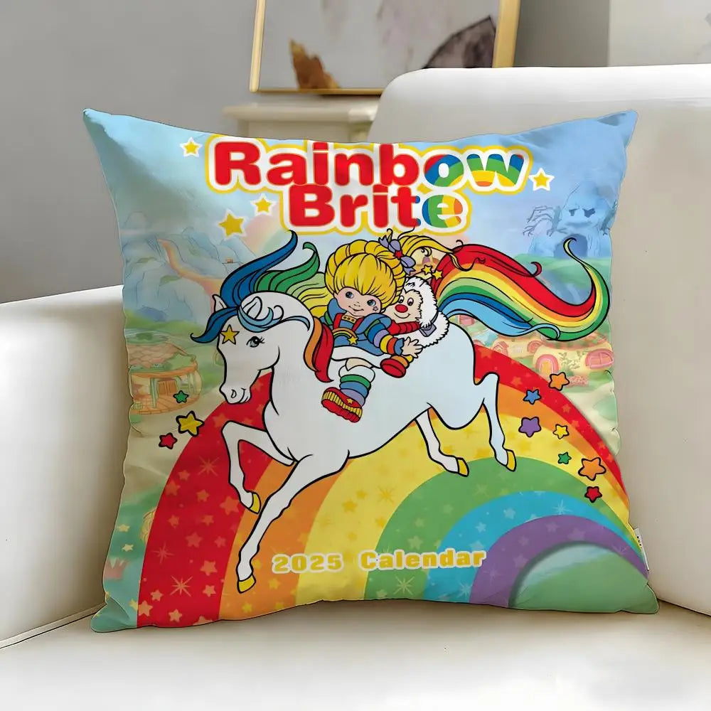 housse coussin vintage cartoon arc ciel personnages étoiles 45x45cm polyester bleu jaune rose noir