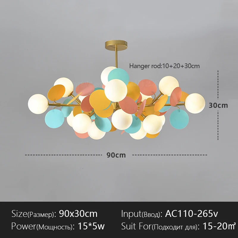 suspension lumineuse moderne multicolore boules translucides branches métalliques led salon chambre