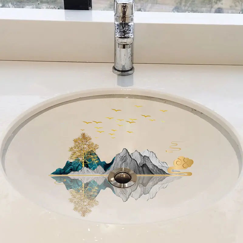 vasque bain moderne paysage montagneux adhésif or blanc cerfs fleurs