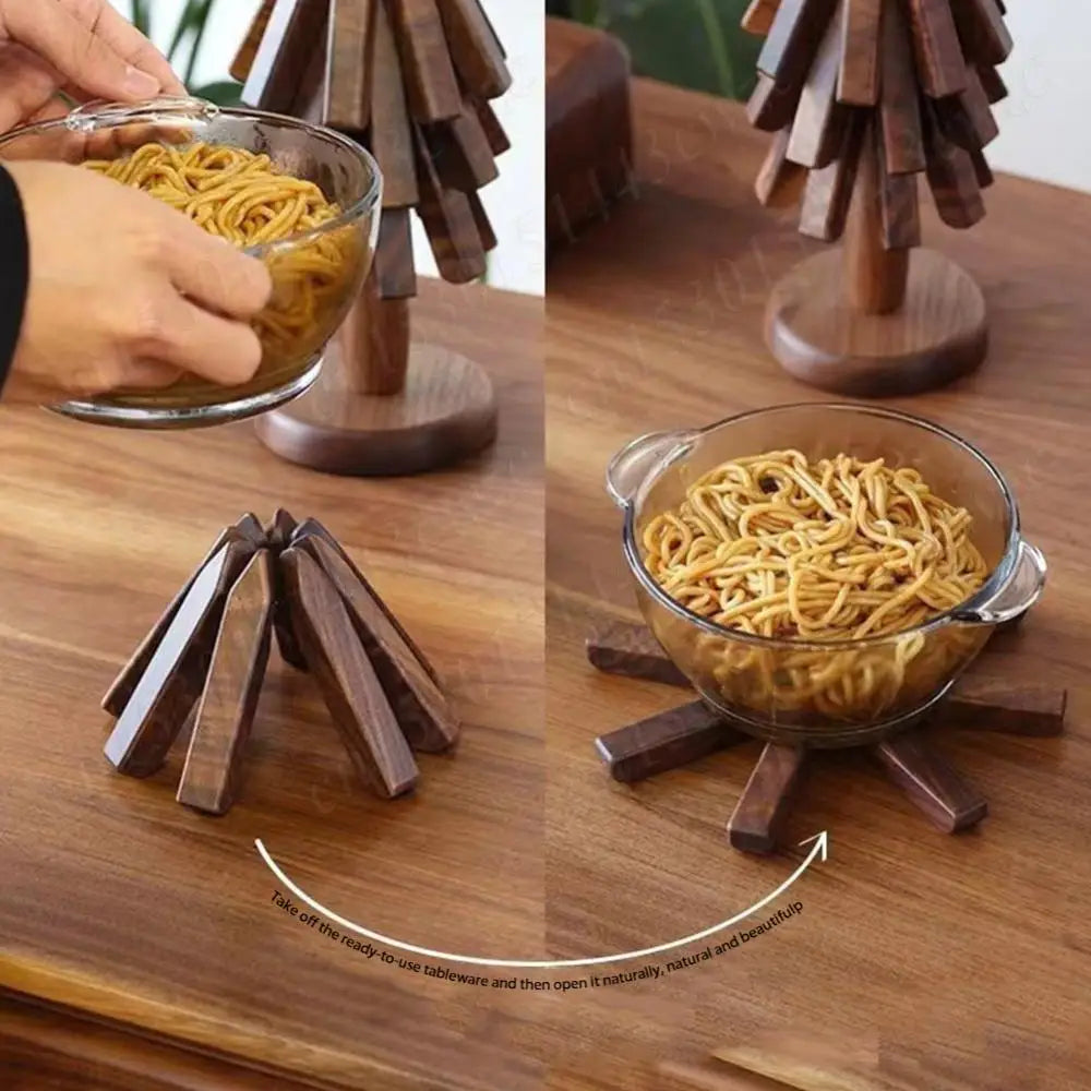 support vaisselle bois marron foncé texture naturelle moderne anti brûlure trivet résistant chaleur plateau