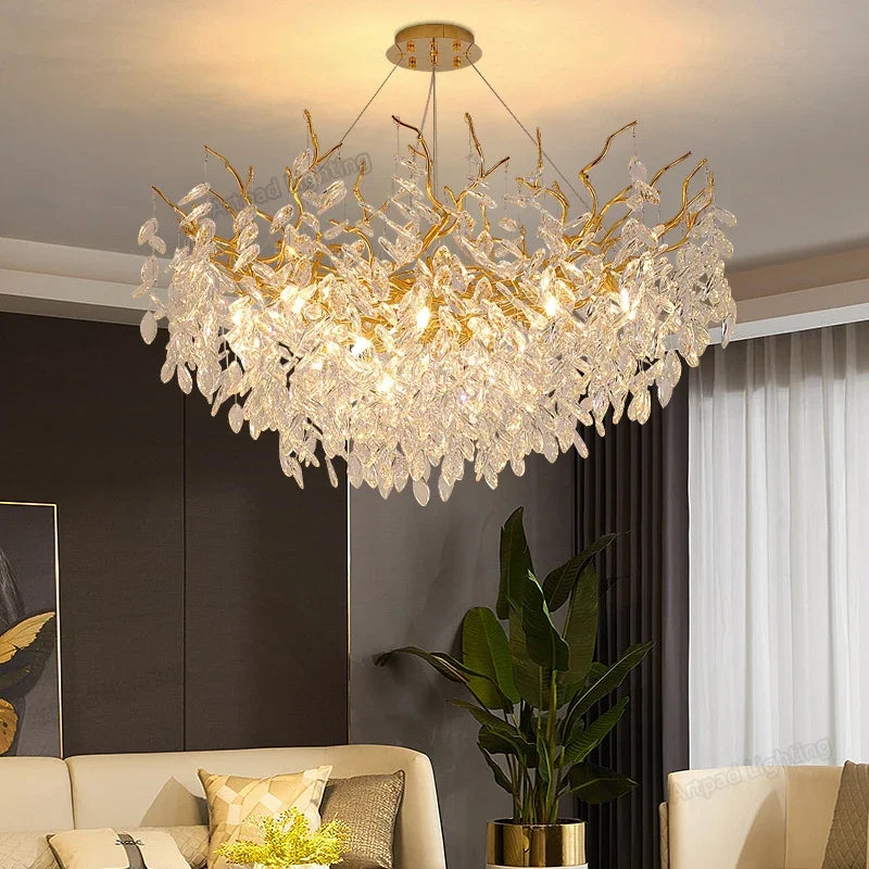 Suspension lumineuse contemporaine transparente dorée branches feuilles LED 100cm