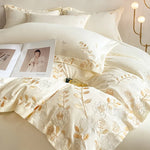 ensemble literie coton broderie florale dorée beige rose pâle housse couette taies drap