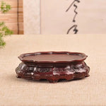 support décoratif bois gravures classique vase pot fleur tasse thé rouge foncé