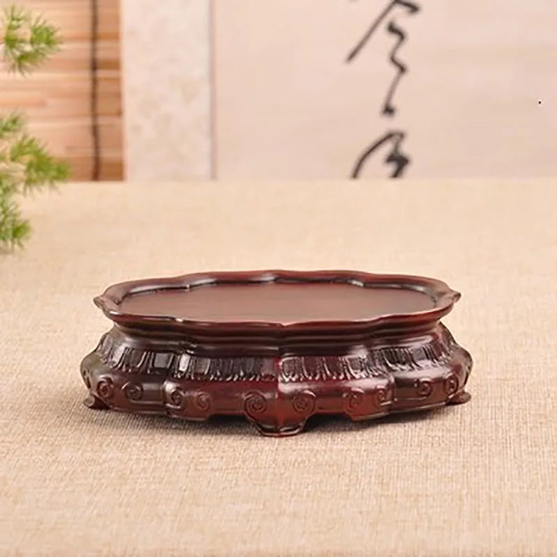 support décoratif bois gravures classique vase pot fleur tasse thé rouge foncé