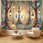 tapisserie magique forêt fées lanternes champignons roses géométriques vert bleu doré salon