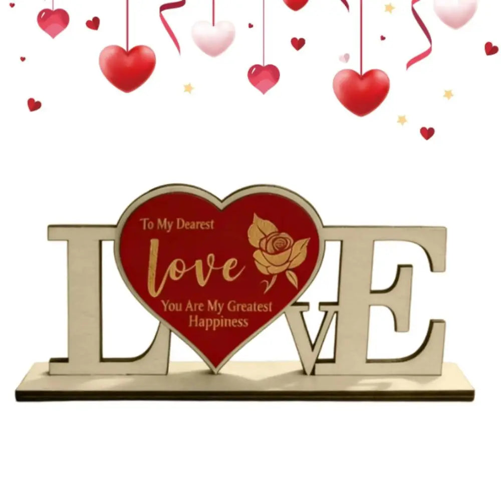 tableau decoratif coeur rose texte doré fond rouge romantique bois naturel echangement vertical