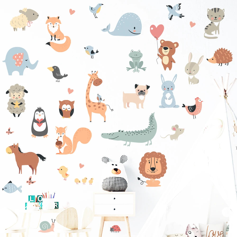 sticker mural animal dessin animé adhésif pvc bleu orange gris vert rose blanc mignon