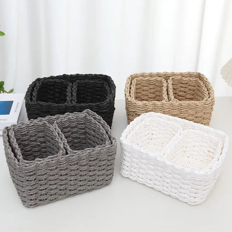 paniers rangement tissage corde fibre végétale réutilisables gris noir beige blanc opacité rustique naturel