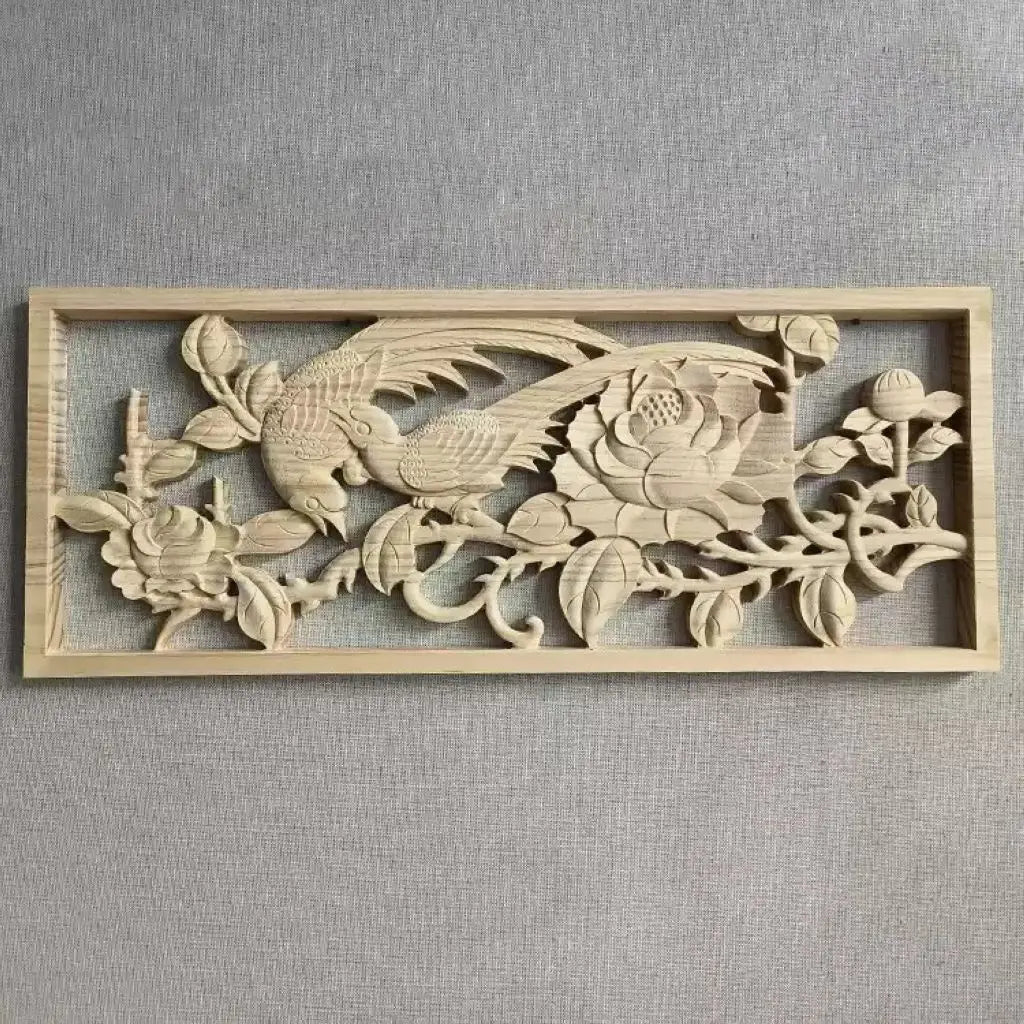 panneau decoratif bois sculpte oiseaux fleurs traditionnel chinois decoration murale rouge naturel