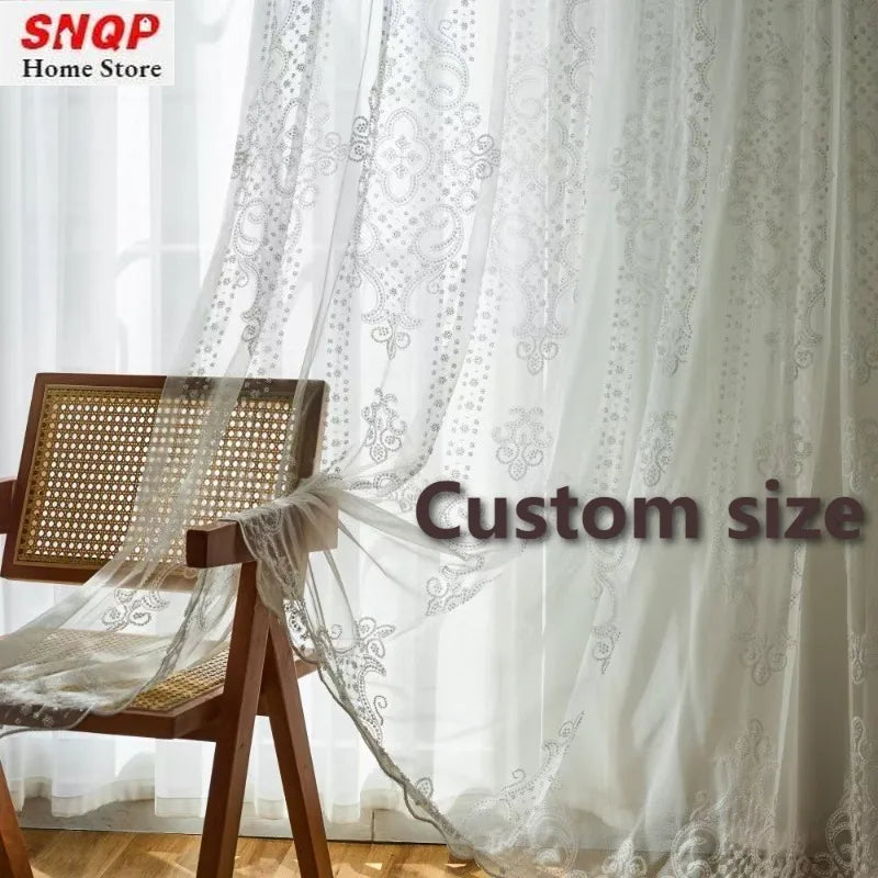 rideau tulle blanc transparent broderie fleurs motifs classique salon chambre voile luxe