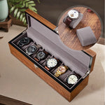 boîte montres 10 slots bois marron velours gris verre transparent classique clips verrouillage