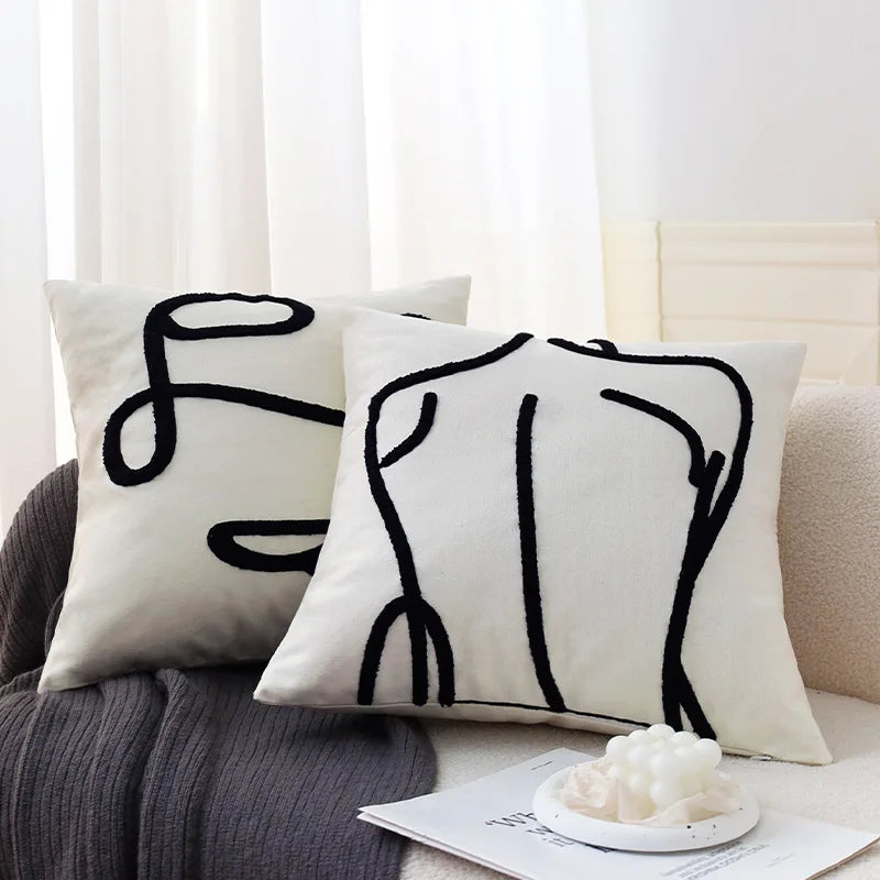 housse coussin brodé motif géométrique moderne coton blanc décoration intérieure carreau 45x45cm opaquet fixations