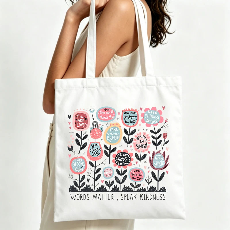 sac main toile motifs fleurs coeurs blanc poignées moderne graphique sans fermeture éclair