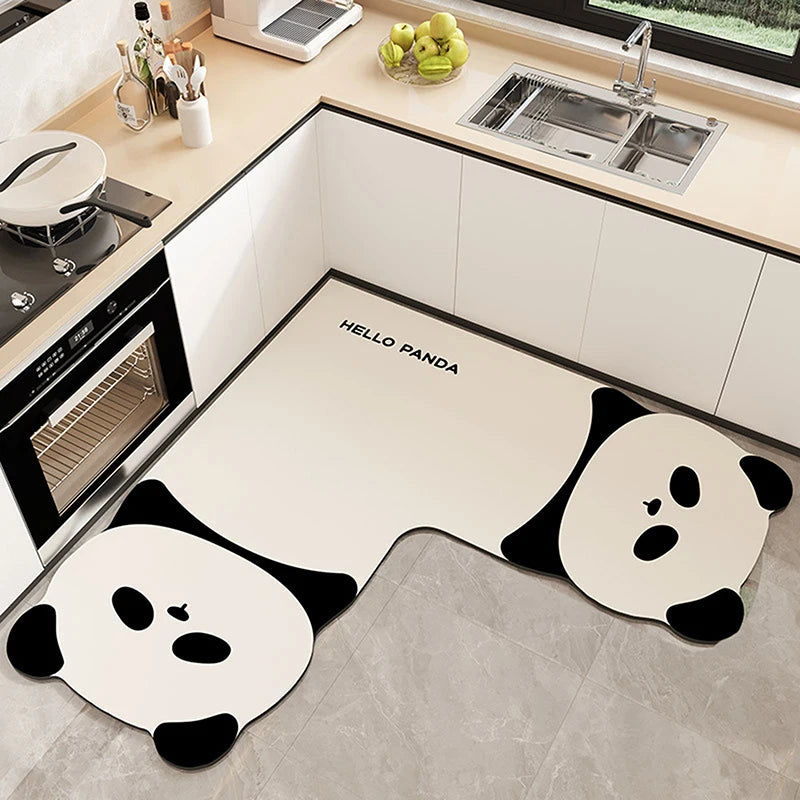 tapis sol cuisine marron gris noir blanc visage animaux ours chat panda dessin animé