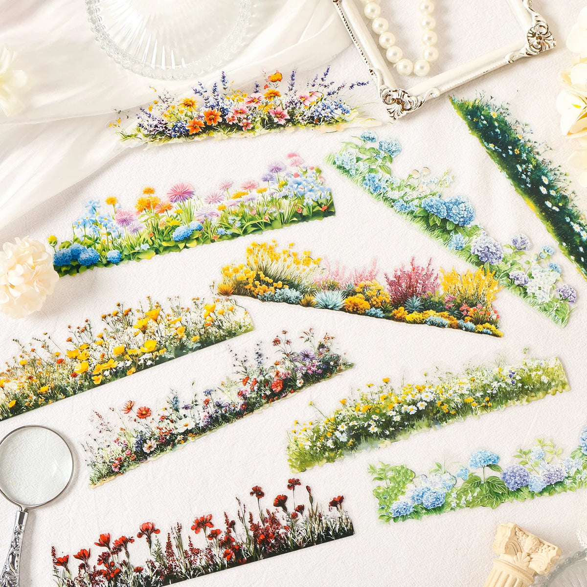 étiquettes décoratives multicolores paysages naturels peinture aquarelle adhésifs scrapbooking pages journal fleurs prairies montagnes