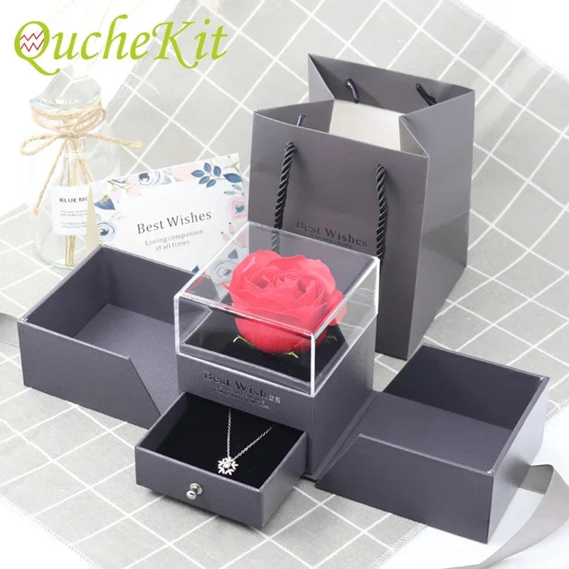boîte cadeau rose classique boîte bijoux sac inclusion bouquet fleurs artificielles collierintérieur
