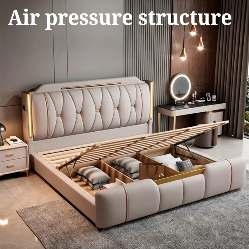 lit double luxe beige doré tête lit capitonnée rangement chambre moderne contemporain