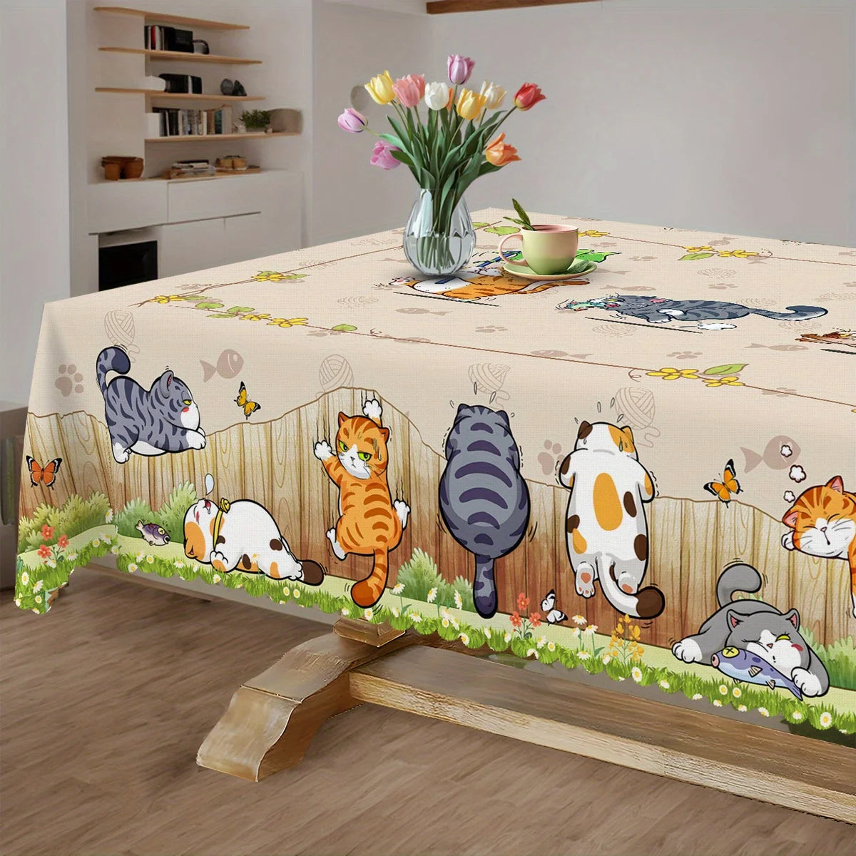 nappe table motif chats papillons floral printemps été moderne réutilisable polyester maison