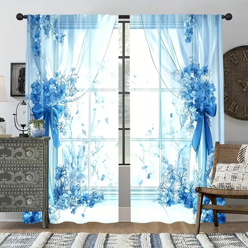 rideaux bleu clair fleurs modernes deux pièces polyester transparents chambre salon