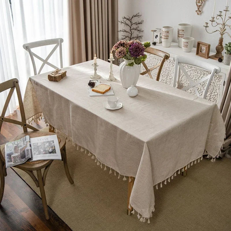 nappe rectangulaire beige franges décoration table maison mariage rustic bohème tissu coton lin