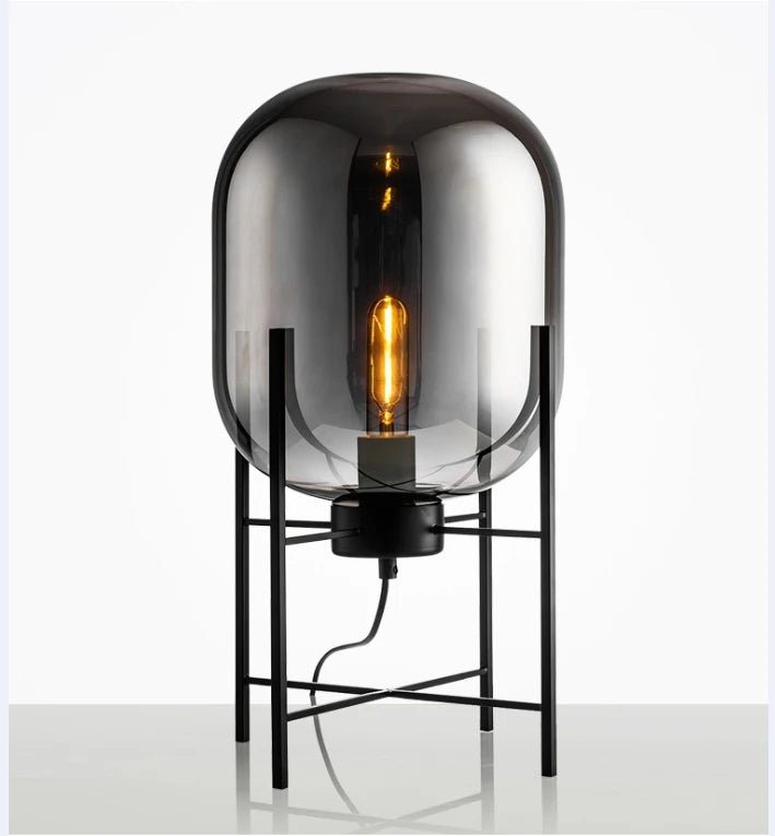 lampe table moderne verre fumé interrupteur bouton acier noir éclairage intérieur chambre salon
