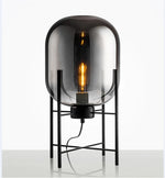 lampe table moderne verre fumé interrupteur bouton acier noir éclairage intérieur chambre salon