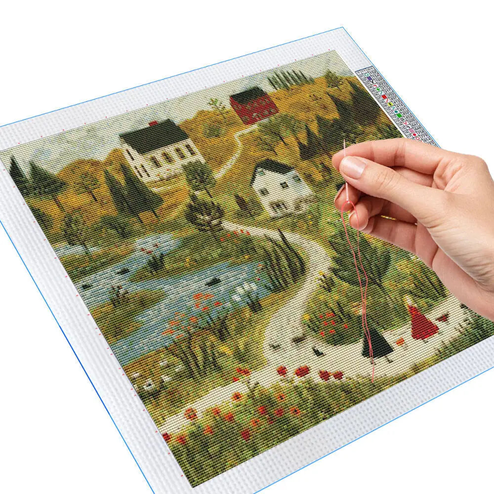 broderie scénique paysagère moderne multicolore maisons arbres fleurs toile imprimée aiguilles rubans instructions inclusées