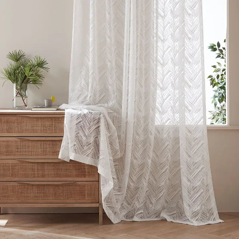 rideau moderne feuilles stylisées blanc transparent salon chambre coucher