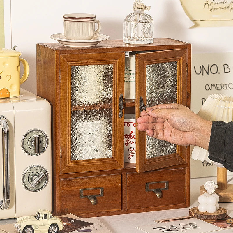 armoire deux portes vitrées tiroirs rangement bois classique horloge tasses miniature