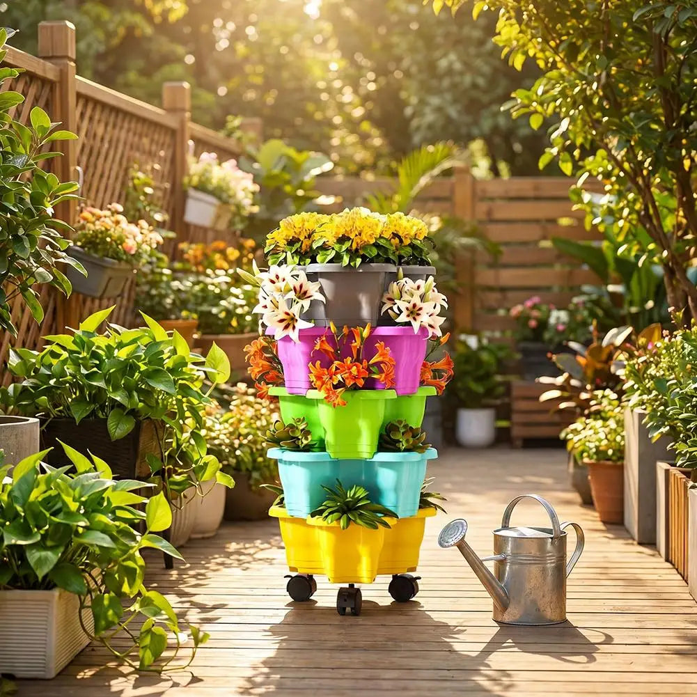 pots fleurs verticaux bleu vert jaune rose gris modernes pratiques roulettes niveaux