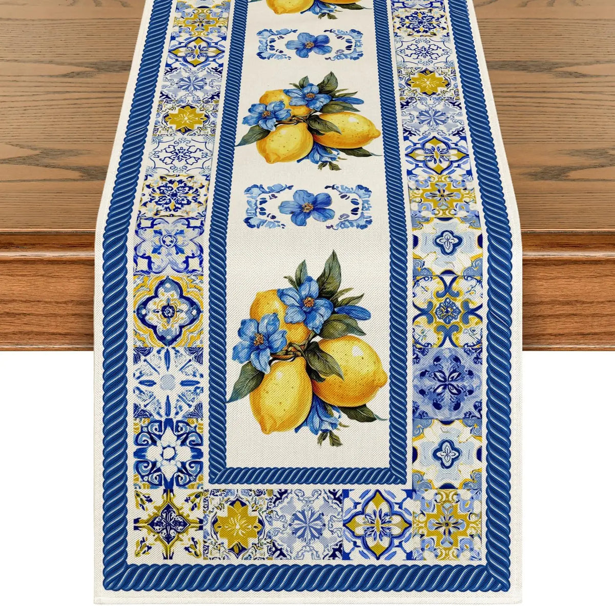 tableau lin motif floral citron été blanc bleu jaune decoration maison rustique classic