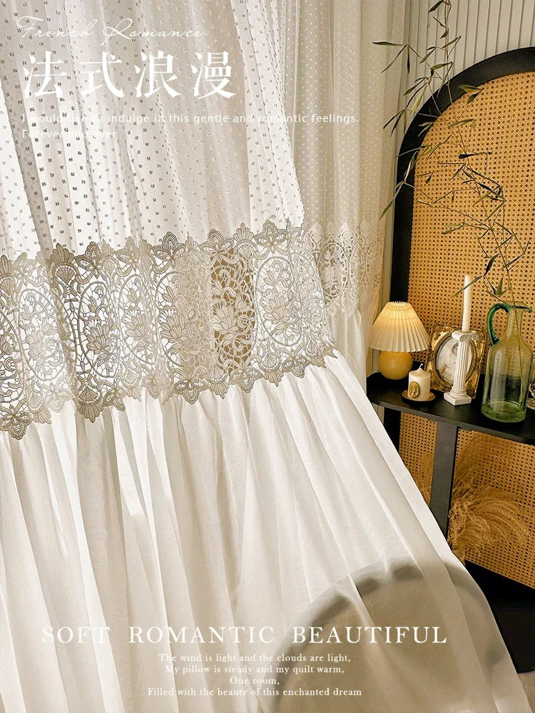 rideau dentelle blanc motif floral translucide moderne fenêtre salon chambre romantique voile