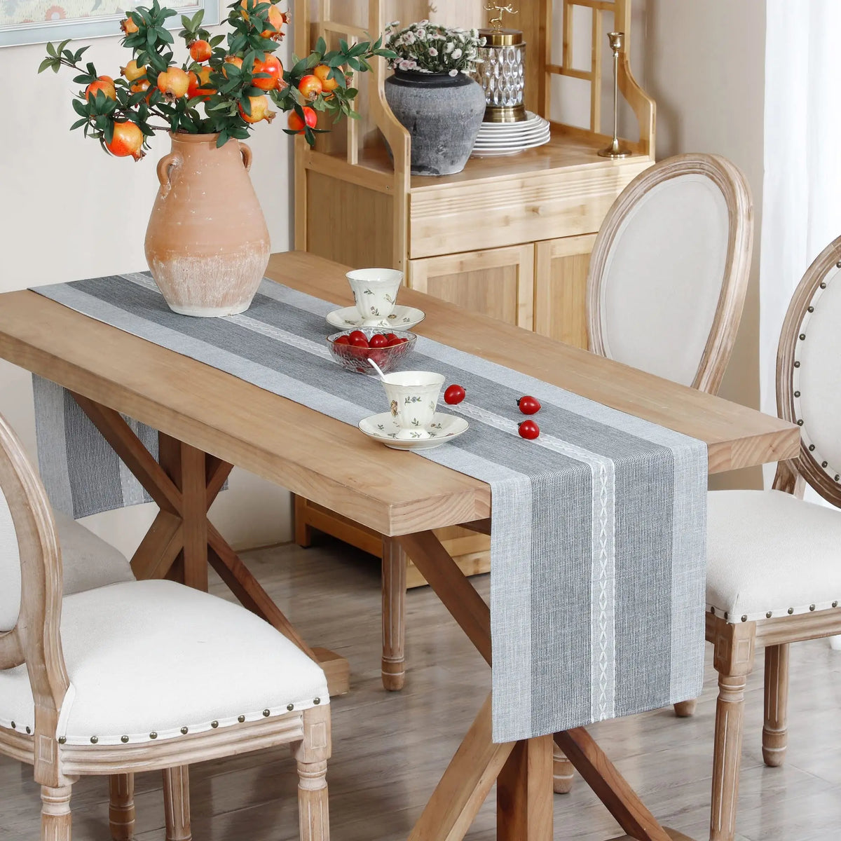 table chevet chemin table rayé brodé gris classique rustique maison coton polyester