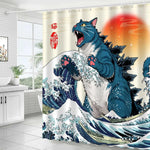 rideau douche moderne chat géant vague blanc bleu gris rouge polyester anneaux métalliques durable
