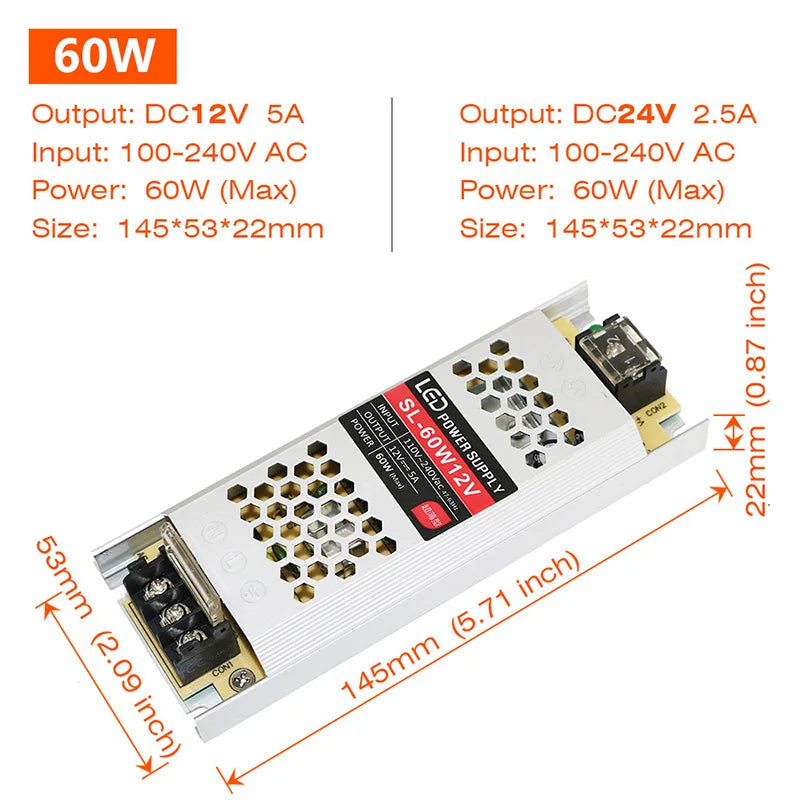 alimentation led ultrafine 12v 24v 60w 100w blanc grille perforations fixations vis