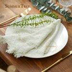 serviette coton beige rose blanc tissage fin bordures frangées rustique naturel