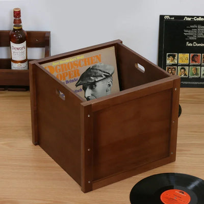 Boîte rangement vinyle vintage bois massif orange