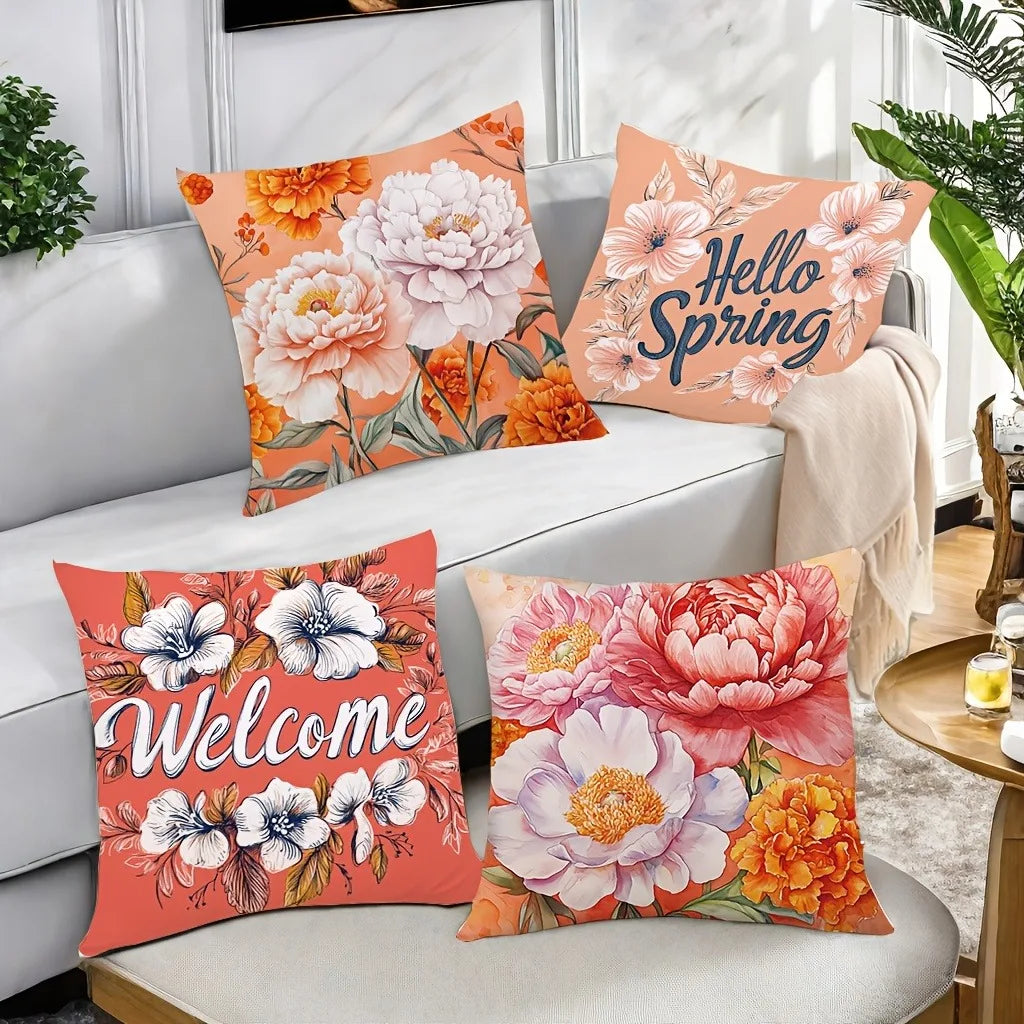 housse coussin fleurs pivoines rose blanc orange printemps décoration maison salon voiture