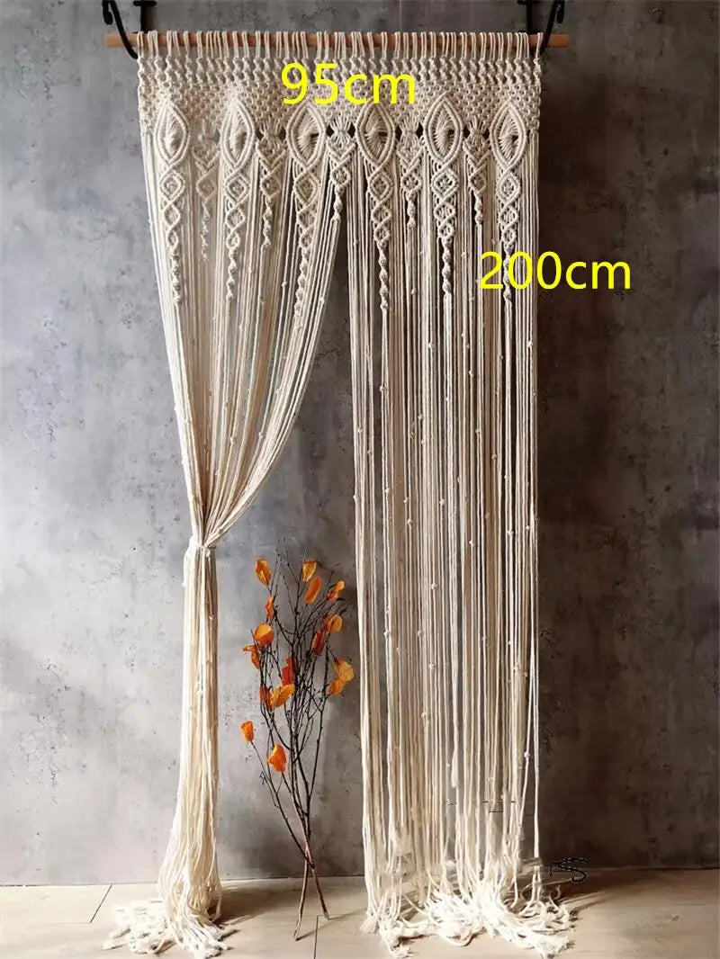 rideau macramé blanc crème motifs géométriques franges boho chic crochet métallique