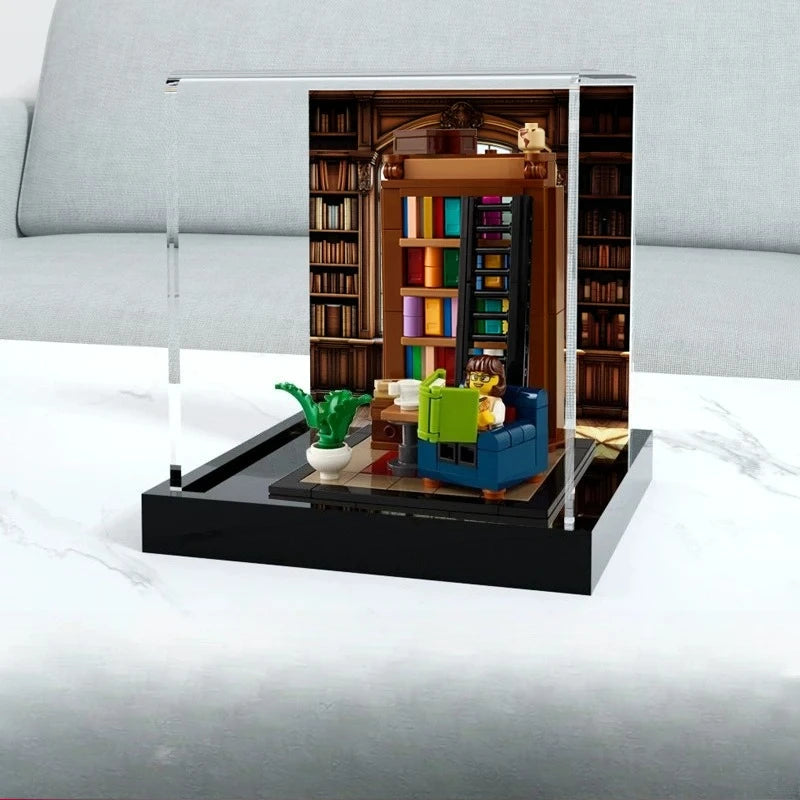 boîte rangement transparente miniature bibliothèque marron livres meubles détaillée clips vert bleu blanc