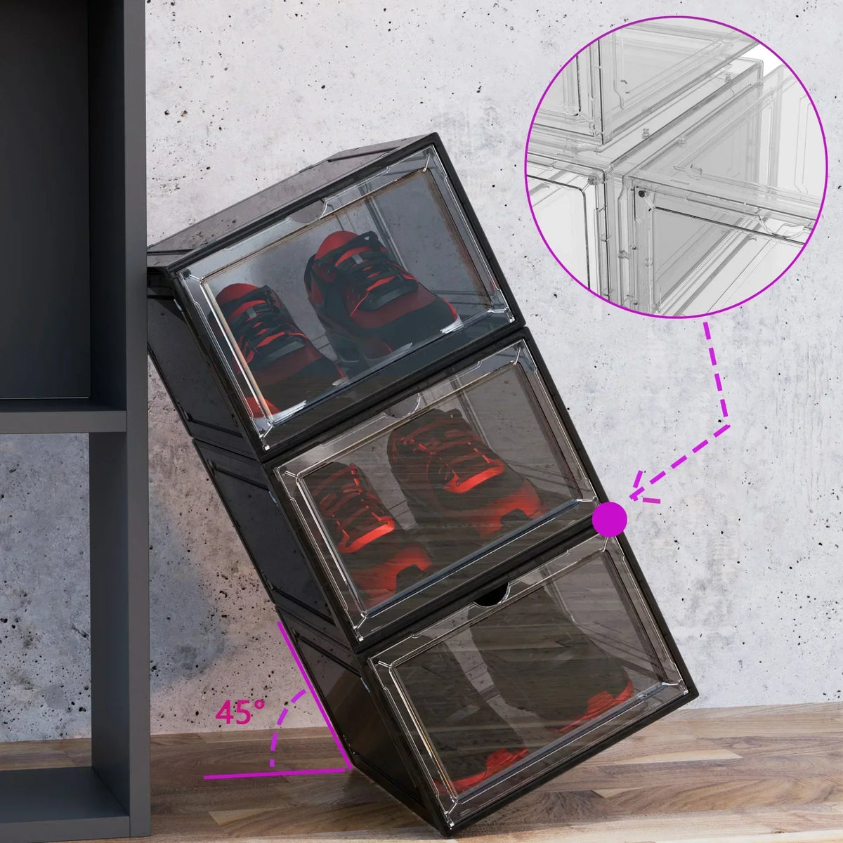 Empilage de boîtes à chaussures transparentes pour optimisation d'espace