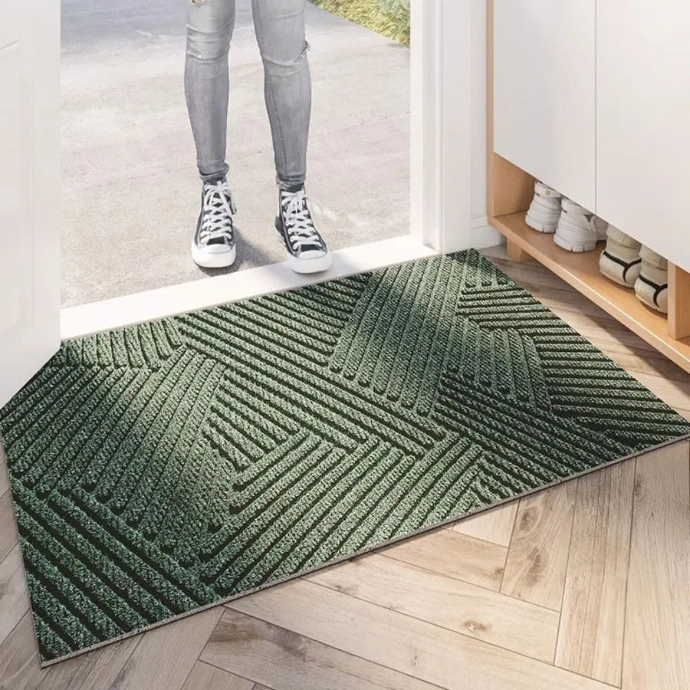 tapis d'entrée moderne rayures vert foncé marron gris antidérapant resistant taches