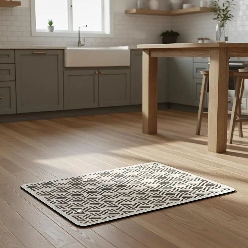 tapis nourrir animal blanc gris motif géométrique moderne anti dérapant deux bols métal